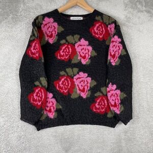 Cotton Emporium Sweater Womens Medium Black Rose Floral Knit Fuzzy Cottagecore